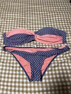 Large Eldon Pink and Navy Polka Dot Strapless Bikini Set